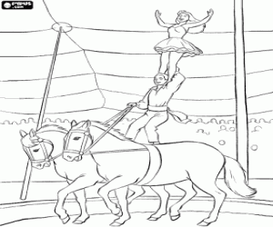 Pintar Actuaci� al circ amb dos artistes equilibristes, un sobre l'altre, sobre dos cavalls en moviment