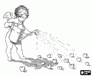 Pintar �ngel de l'Amor regant un camp de cors