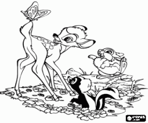 Pintar Bambi amb els seus amics Tambor i Flor al bosc jugant amb una papallona