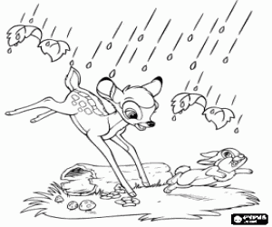 Pintar Bambi i Tambor corrent per aixoplugar-se i protegir-se de la pluja
