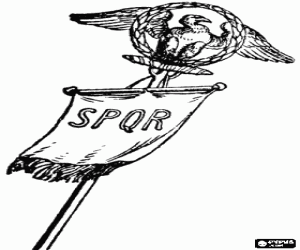 Pintar Bandera o Vexillum de l'Imperi Rom� amb el aguila romana i les inicials del lema nacional Senatus PopulusQue Romanus - El Senat i el poble rom�