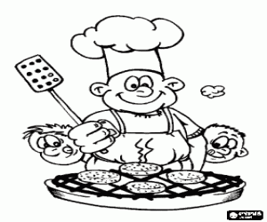 Pintar Barbacoa hamburgueses preparades, cuiner i comensals amb una cara de fam o d'afamats