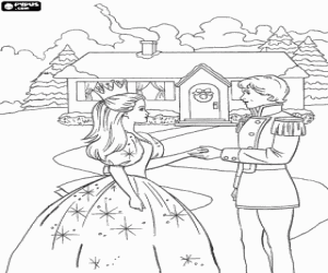 Pintar Barbie amb un elegant vestit i el pr�ncep amb el seu uniforme de gala davant d'una casa per Nadal