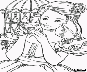 Pintar Barbie amb un vestit decorat amb roses sost� a les mans un petit ocell al costat de la g�bia