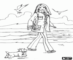 Pintar Barbie passejant per la platja amb el seu gosset