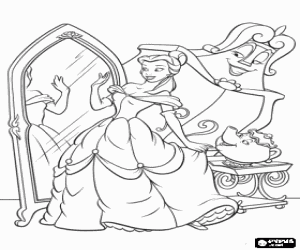 Pintar Bella amb el seu preci�s vestit mirant-se al mirall sota l'atenta mirada de l'armari i de la senyora Pots