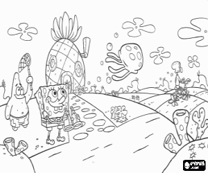 Pintar Bob Esponja amb uns prism�tics, Patrici Estrella intentant ca�ar meduses davant de la casa en forma de pinya