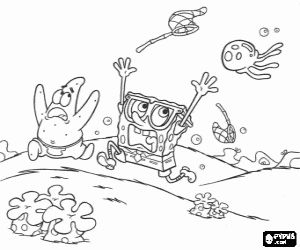Pintar Bob Esponja i Patrici Estrella, els ca�adors de meduses perseguits per una medusa