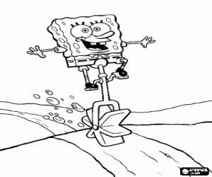 Pintar Bob Esponja muntant en un monocicle, vehicle d'una sola roda