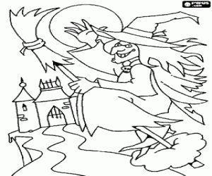 Pintar Bruixa dolenta en la seva escombra m�gica volant cap al castell en una nit de lluna plena