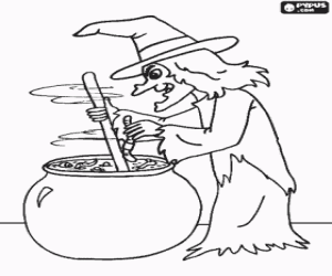 Pintar Bruixa preparant la poci� m�gica amb estranys ingredients com cucs