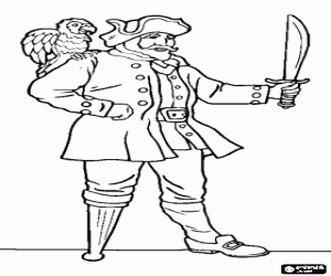 Pintar Capit� pirata amb la pota de pal, matxet en m� i lloro  a l'espatlla