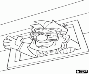 Pintar Carl Fredricksen saludant amb la m� des de la finestra de casa volant
