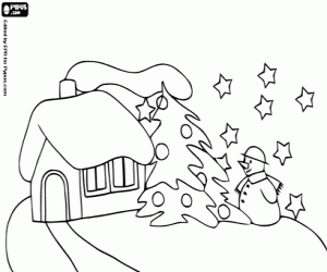 Pintar Casa amb la xemeneia fumejant amb un arbre de Nadal i un ninot de neu sota les estrelles