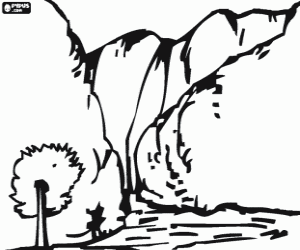 Pintar Cascada o salt d'aigua a les muntanyes amb un arbre en primer pla