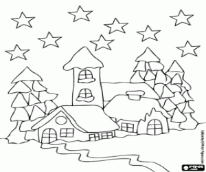 Pintar Cases al bosc nevat sota les estrelles de la nit de Nadal