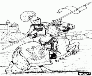 Pintar Cavaller amb armadura de teixit d'acer i amb casc amb la llan�a en m� sobre un cavall encabritar a prop d'un castell