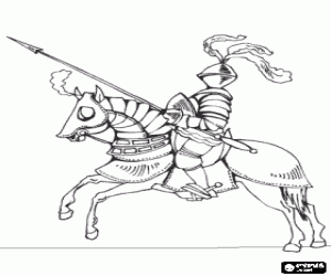 Pintar Cavaller amb armadura i amb la seva llan�a preparada muntat sobre el seu cavall tamb� protegit amb armadura
