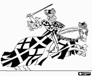 Pintar Cavaller medieval amb casc muntant a cavall participant en una lluita amb l'espasa en m�