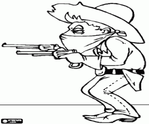 Pintar Cowboy bandoler o bandit amb la cara tapada amb un mocador i les dues pistoles apuntant