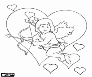 Pintar Cupido amb l'arc i la fletxa entre molts cors