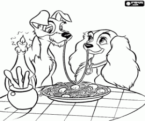 Pintar Dama i el Rodam�n completament enamorats compartint un plat de pasta a la llum de les espelmes a La dama i el vagabund