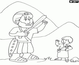 Pintar David enfrontant-se al gegant filisteu Goliat �nicament amb la seva fona