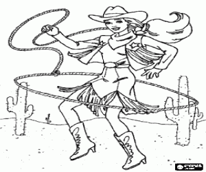 Pintar Dona cowboy manejant el lla� al desert entre els cactus