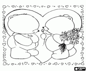 Pintar Dos ossets enamorats amb cors i un ram de flors
