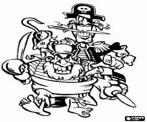 Pintar Dos pirates, el capit� amb garfi i pota de pal amb el ganivet a la boca, i el seu ajudant amb el matxet a la m�