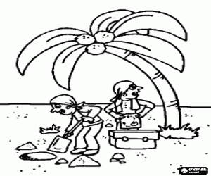 Pintar Dos pirates enterrant el cofre del tresor amb el mapa a prop d'una palmera