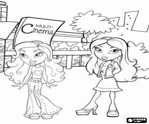 Pintar Dues amigues Bratz de passeig una tarda de primavera davant les sales de cinema
