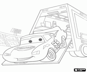 Pintar El cotxe de carreres Llamp McQueen baixant del remolc en arribar al circuit