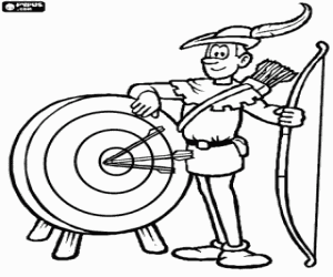 Pintar El fam�s arquer Robin Hood mostrant la seva destresa amb l'arc al costat d'una diana