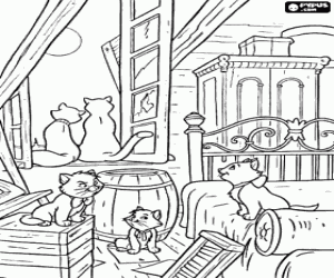 Pintar El final feli� a Els Aristogats, el gat de carrer Thomas O'Malley amb la gata Duquessa i els seus gatets Tolosa, Berlioz i Marie
