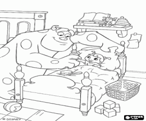 Pintar El monstre Sulley visitant a la seva amiga Boo a l'habitaci� de casa seva al m�n dels humans