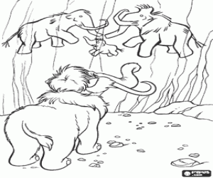 Pintar El petit mamut observant amb curiositat les pintures rupestres a la roca de la caverna
