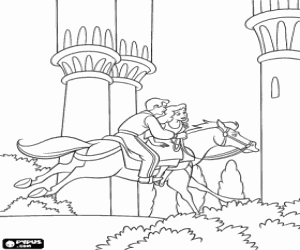 Pintar El Pr�ncep i la Ventafocs a lloms d'un cavall pels jardins del palau