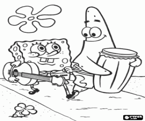 Pintar Els Amics Bob Esponja i Patrici amb els seus instruments musicals: una guitarra i un bombo