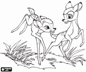 Pintar Els petits cervatillos Bambi i Faline saltant alegrement pel bosc