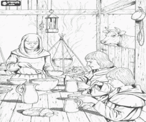 Pintar Escena de l'interior de l'habitatge d'una fam�lia humil de pagesos a l'hora de dinar