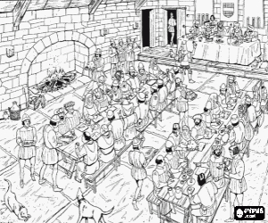 Pintar Escena medieval d'un sopar al sal� del palau o castell amb l'actuaci� del buf� i els m�sics davant de la taula principal