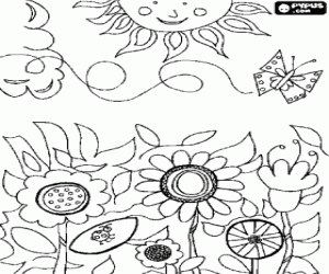 Pintar Flors al camp amb una papallona volant i el sol ben alt