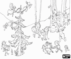 Pintar Follets nadalencs amb els seus amics, els animals i les fades del bosc, adornant l'arbre de Nadal