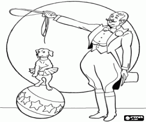Pintar Gosset realitzant equilibris sobre una gran bola sota l'atenta mirada del seu entrenador
