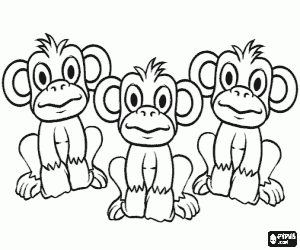 Pintar Grup de tres petits micos amb els ulls i les orelles ben obertes