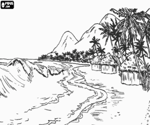 Pintar Imatge de costa tropical amb cabanes, palmeres i fortes onades