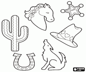 Pintar Imatges t�piques del lluny� oest: un cactus, una ferradura, un cavall, un barret de cowboy, un coiot i una estrella de xerif