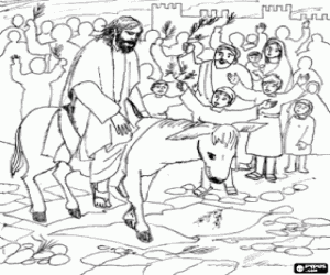 Pintar Jes�s de Natzaret a lloms d'un ase i rebut per una multitud a l'entrada de Jerusalem