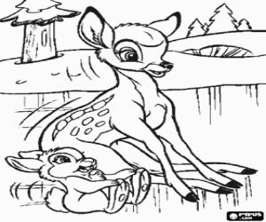 Pintar Jove Bambi jugant amb el conillet Tambor en el llac gelat